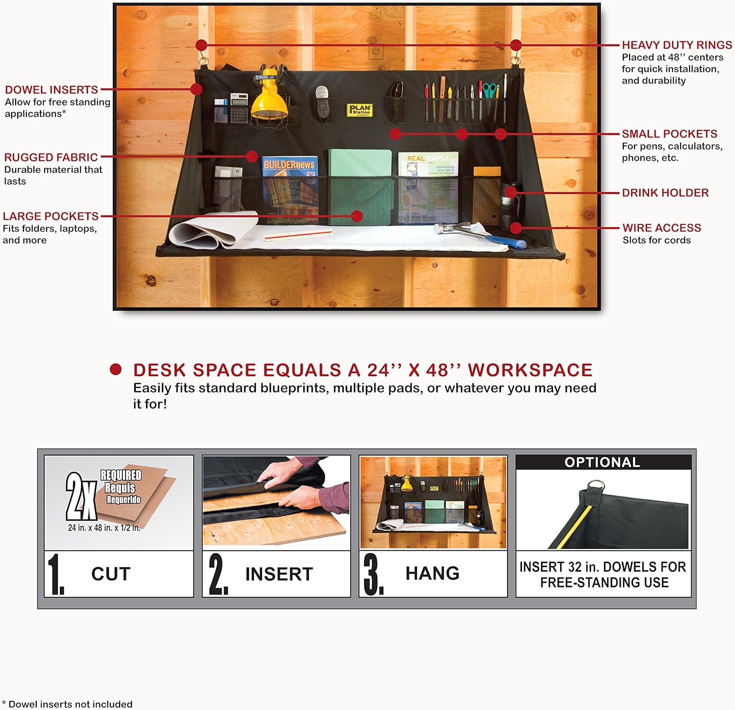 Plan Station Portable Standing Desk, Workbench, Work Station, Storage for Jobsite, Garage, Office, Shop, Hanging Work Surface, 20+ Pockets, Black (WS3800): Office Products