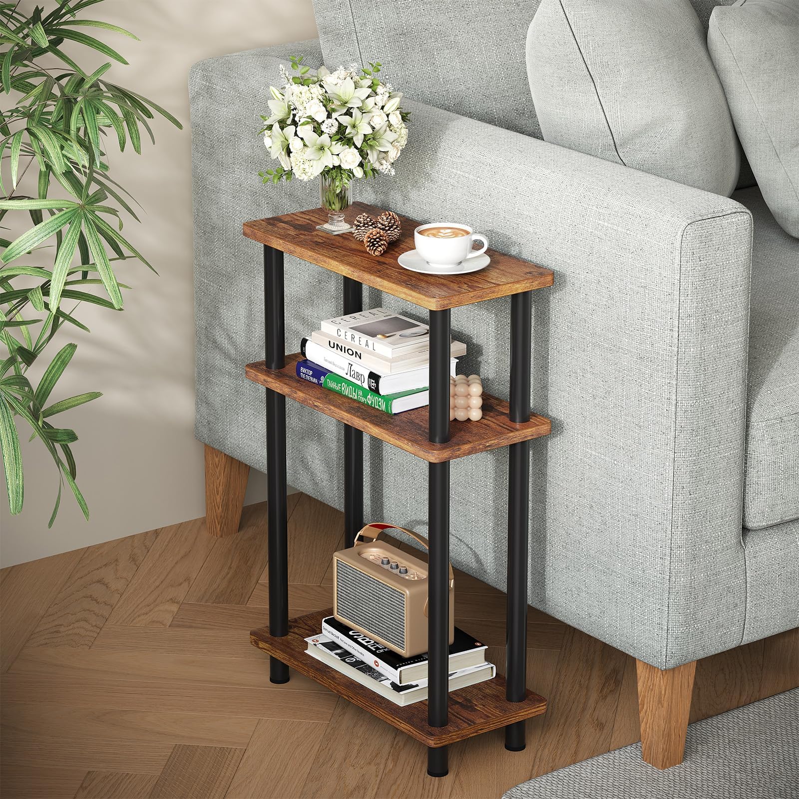 APICIZON Narrow Side Table, Slim Small Table, 3 Tier End Table Living Room, 40x18x61.5cm, Modern Thin Side Tables for Living Room, Bedroom, Sofa, Small Nightstand with Magazine Rack, Save Space, Brown