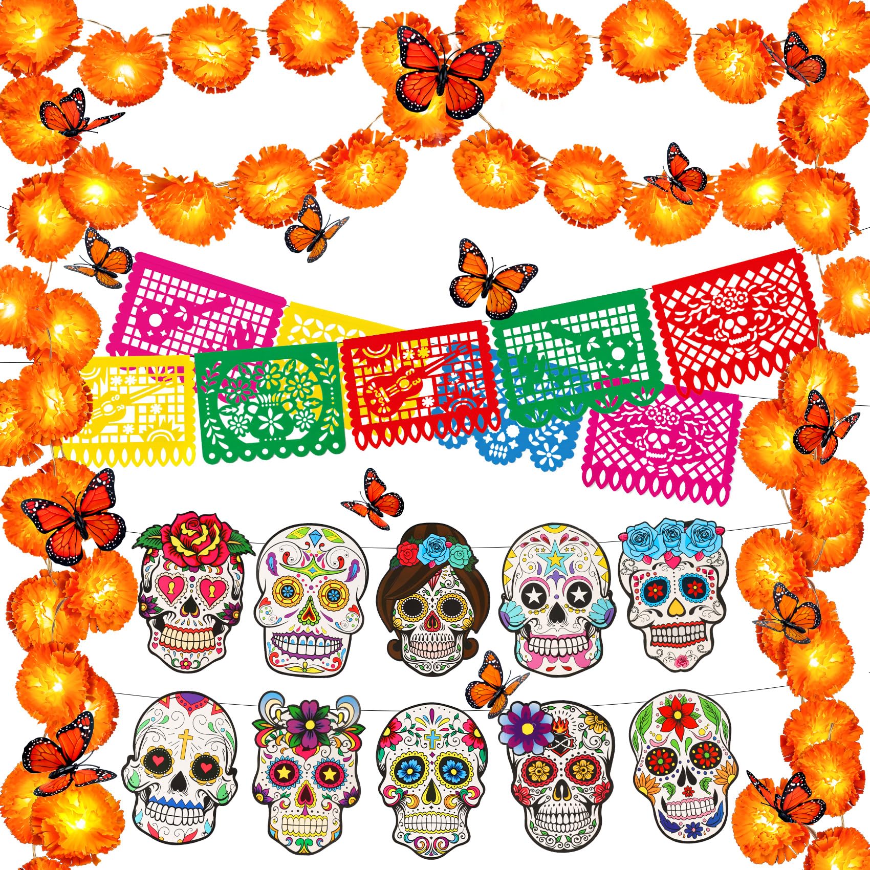 Photo 1 of 25Pcs Day of The Dead Decorations Kit, 9 Mexican Party Banners Garland 13.1Ft 40Led Marigold Garland, 12 Butterfly 10 Skeleton Banners for Dia De Los Muertos Indian Diwali Altar Halloween Decor