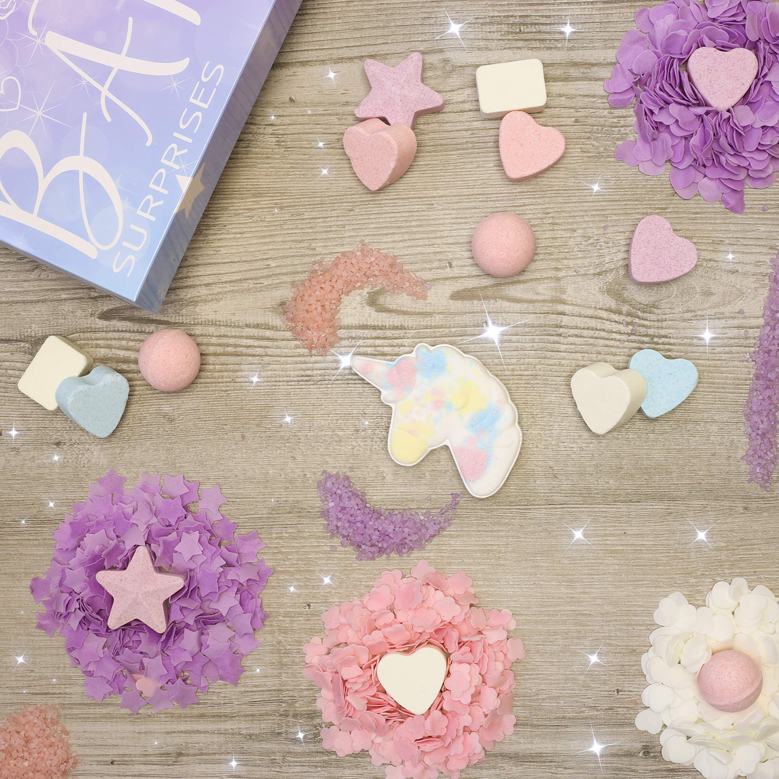 KreativeKraft Unicorn Bath Bomb Surprises Gift Set includes 24 Scented Cosmetics Bath Bombs Confetti and Salts | Fragrance Pamper Present Idea For Girls | Kids Bathbomb Set With Ball Heart Cube