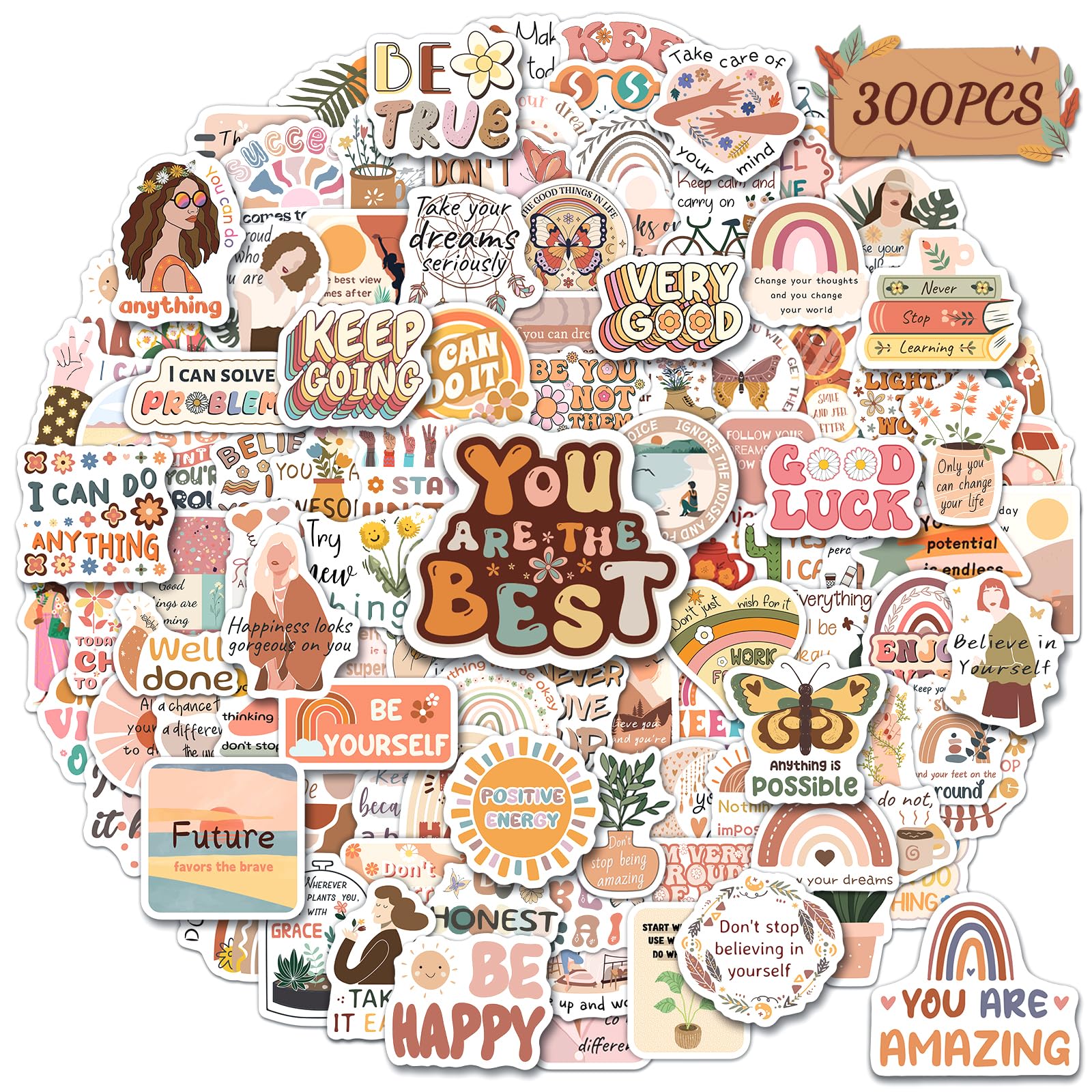 STKJoviale 300PCS Vintage Inspirational Stickers, Boho Motivational Quote Stickers for Kids Women Adults, Encouraging Positive Affirmation Sticker for Water Bottle Laptop Journal
