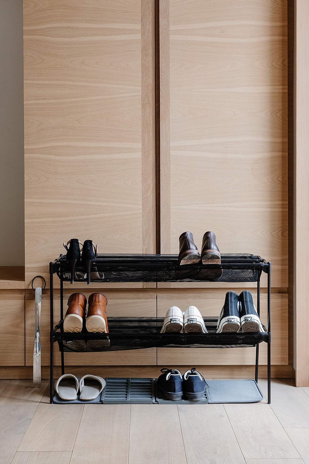 two tier wooden shoe rack on Amazon Com Umbra Shoe Sling Stacking Shoe Rack Organizer Two Tiered Shoe Rack With Textile Slings Holds Up To 18 Pairs Of Shoes Black 4 565 X 3 575 X 38 775 Furniture Decor