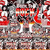 Rock and Roll Party Supplies, Born to Rock Backdrop Banner, Plate , Napkins, Tablecloth, Hanging Swirls, Cake Toppers, Balloons, Tablecloths, for 1950's Rock Star Music Party Decorations Serves 20