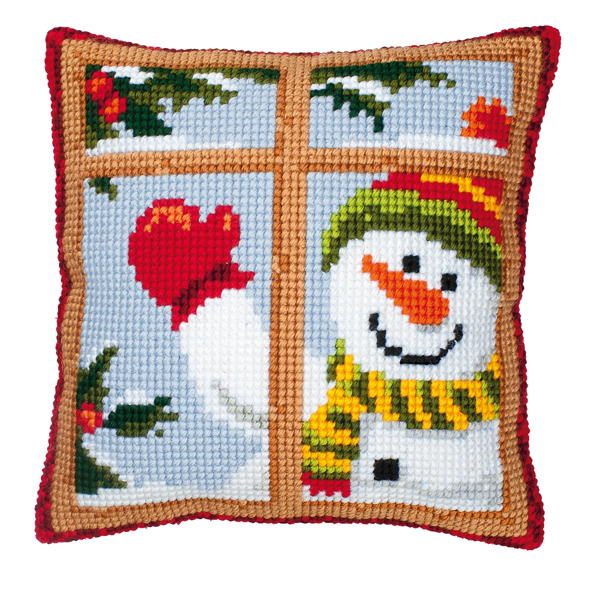Vervaco Snowman Looking Out Window Cross Stitch Cushion, Multi-Colour