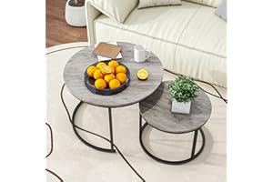 HOJINLINERO Nesting Round Coffee Table Set of 2 End Tables for Living Room,Grey Coffee Table Wooden Accent Furniture with Metal Frame,Stacking Side Tables,Black+Warm Grey