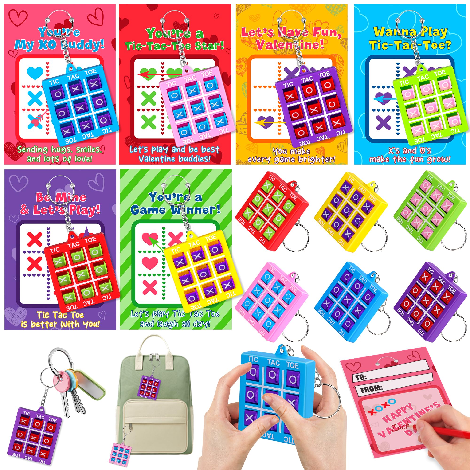 Photo 1 of 24 Pack Valentines Day Gifts for Kids Classroom Valentines Day Cards with Tic-Tac-Toe Game Keychains Valentines for Kids School Class Exchange Cards Valentines Party Favors Boys Girls Toddlers