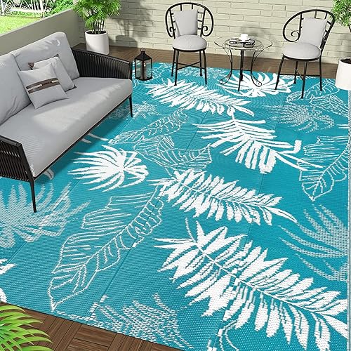 Falflor 240x300cm Large Outdoor Rug Plastic Garden Mats Outdoor Carpet for Patio Waterproof Large Picnic Blanket for Garden RV Beach Backyard Deck (Teal)