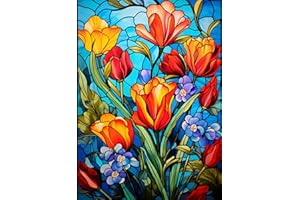 igoodom Flower Diamond Painting Kit for Adults, Stained Glass Diamond Art Kits for Beginners, Full Drill Round Gem Art Diamond Painting for Home Wall Decor Gift 12x16inch
