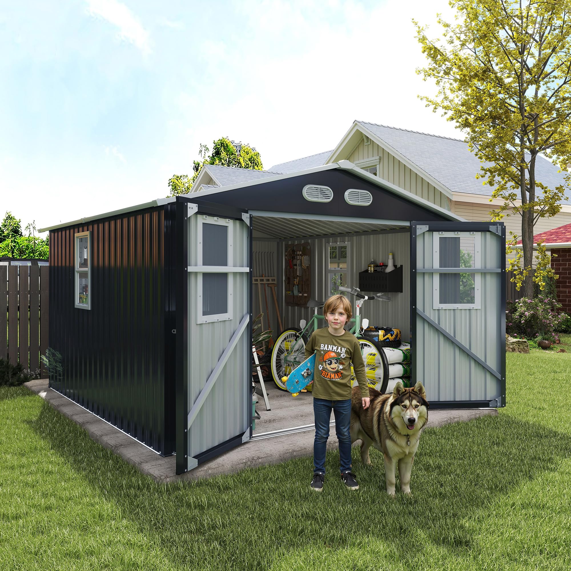 Photo 1 of ***FINAL SALE/NO RETURN, SOLD AS PARTS*** YOPTO 8x8 SF Outdoor Storage Shed,Metal Shed with Lockable Doors & 4 Daylight Windows,Garden Tool Shed w/Air Vents & Sloped Roof, Ideal for Backyard,Patio,Lawn,Dark Gray