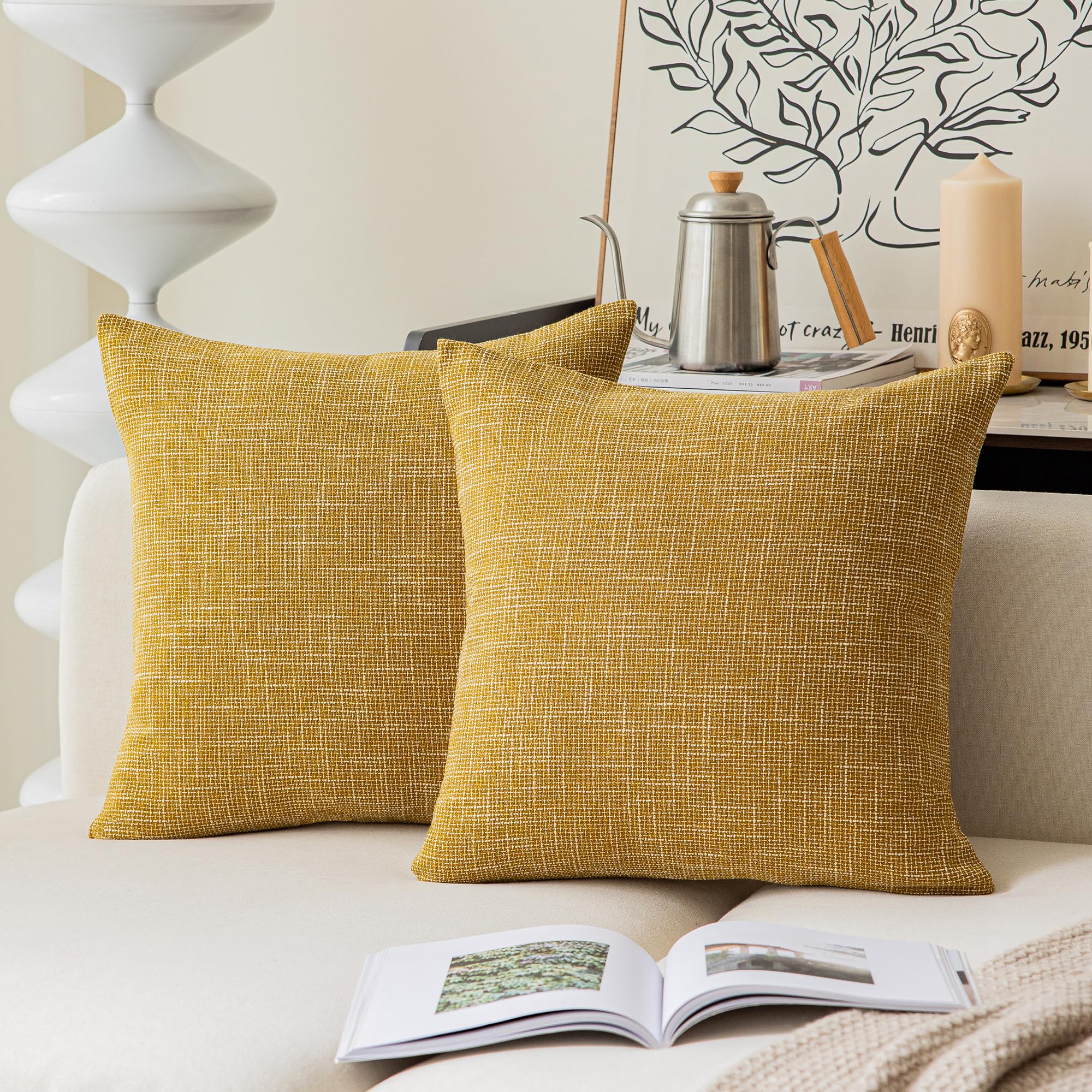 Photo 1 of Kevin Textile Throw Cushion Cover Faux Linen Home Decorative Hand Made Pillow Cases for Travel Use, 18"x18"(2 Pieces, Honey Yellow)
