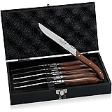 FlyingColors Laguiole Steak Knife Set. Stainless Steel, Rose Wood Handle, Gift Wooden Box, 6 Pieces