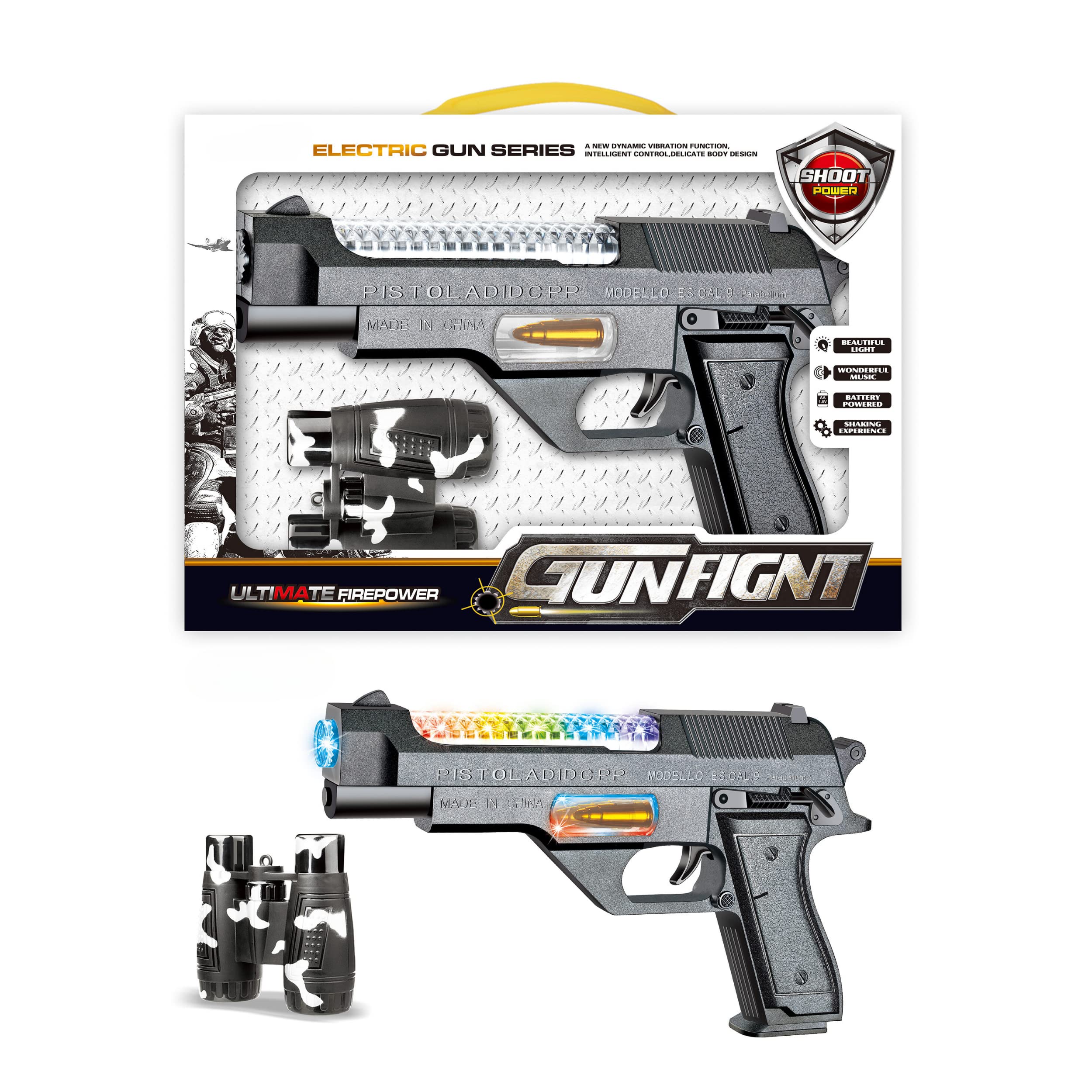 Toy Gun set for kids great for Police Costume accessories, Army Soldier Military fancy dress pretend. This plastic toy Gun Pistol set emits sounds lights, movement & projects images for hours of fun