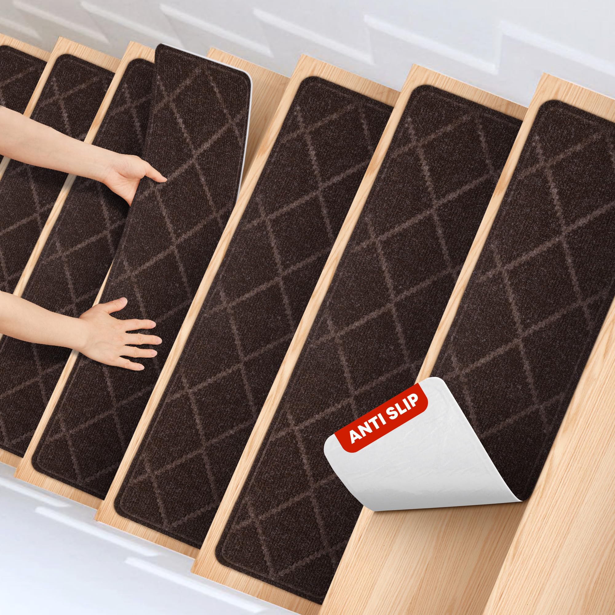 Photo 1 of MBIGM 8" X 30" (15 in Pack) Non-Slip Carpet Stair Treads Non-Skid Safety Rug Slip Resistant Indoor Runner for Kids Elders & Pets with Reusable Adhesive - Brown Diamond Weave