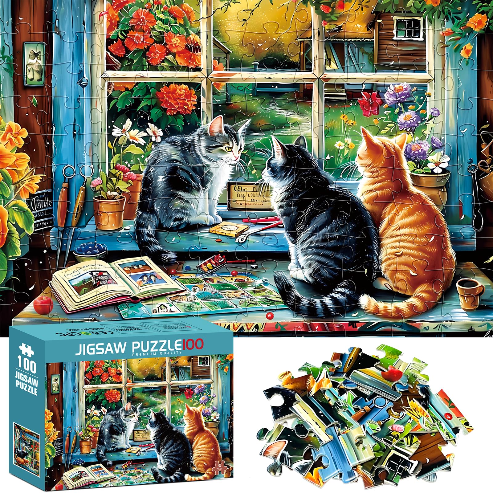 100 Pieces Puzzles for Kids Ages 4-8,Cute Cats and Flowers Jigsaw Puzzle,Sturdy&Safe Puzzle for Toddler Children Seniors, Large Piece, Engaging & Educational Toys Great Gift for Boys Girls,15x10 in