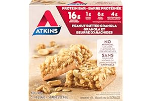 Atkins Protein Bars - Peanut Butter Granola, Low Sugar, Keto Friendly, High Protein, High Fibre, 1g Sugar, 4g Carbs, 5ct