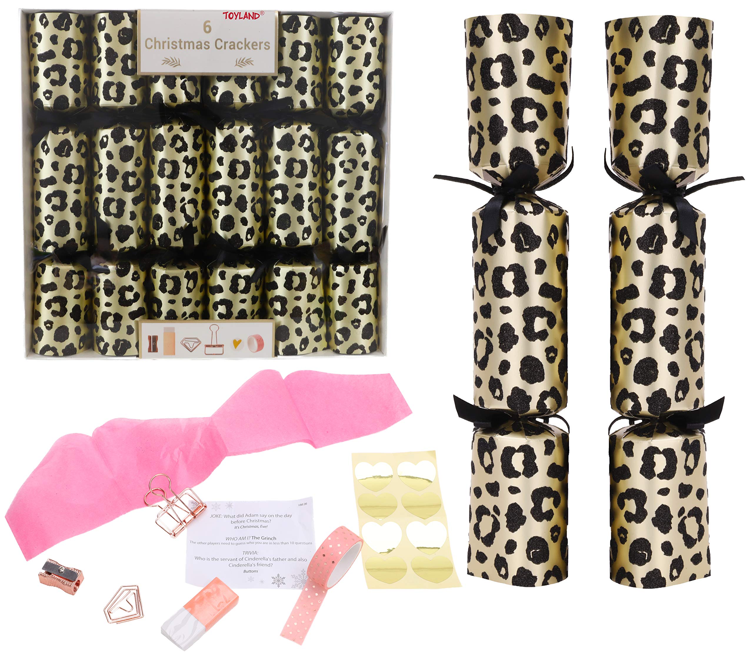 Toyland® Pack Of 6 - Glitter Leopard Print Christmas Crackers - Animal Print - Luxury Decorations