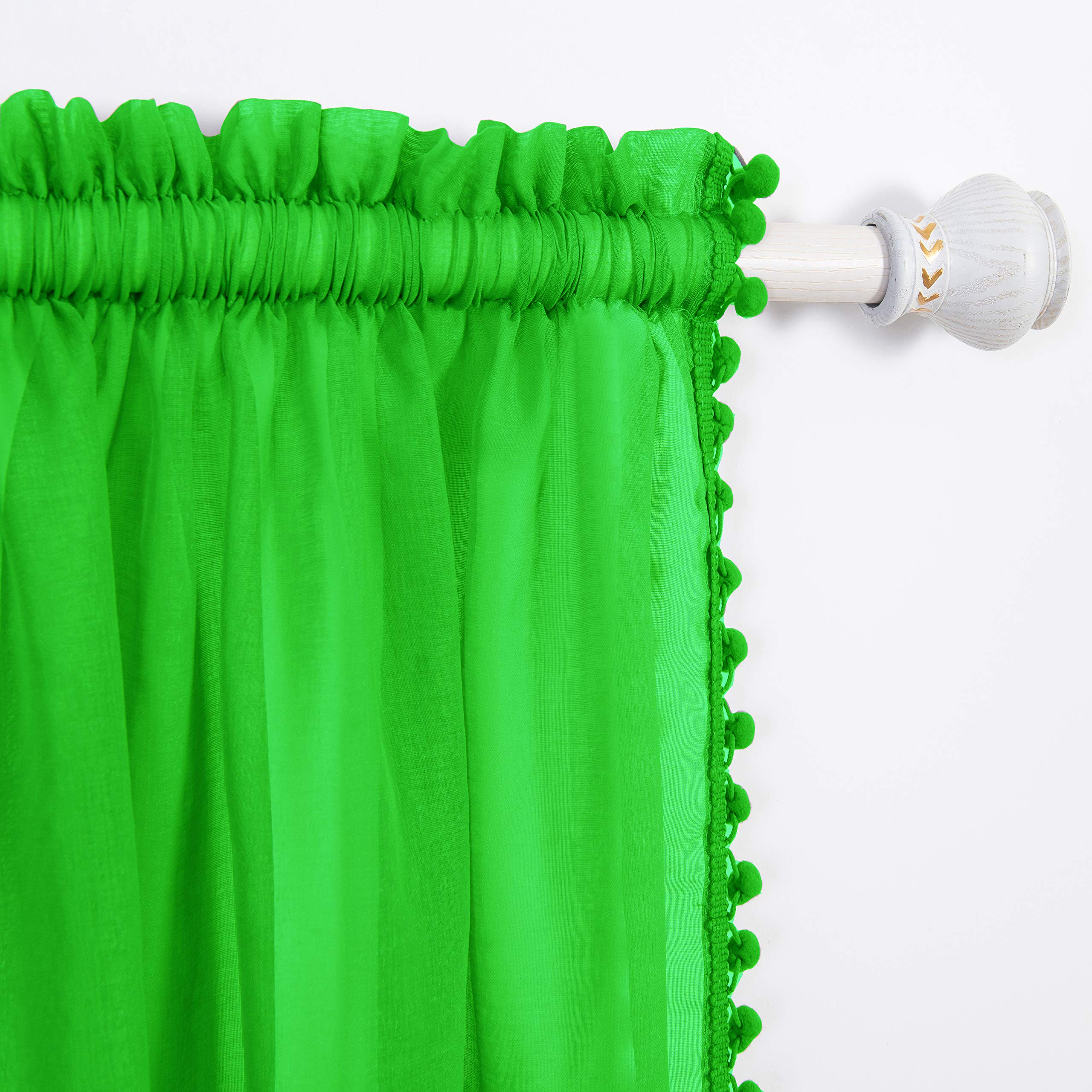 Elegant Comfort Semi-Sheer Pom Pom Tassels Curtains - 2 Panels Set - with 2inch Rod Pocket - Solid Sheer Curtain Drapes for Living Room, Bedroom, W40 X L84, Lime