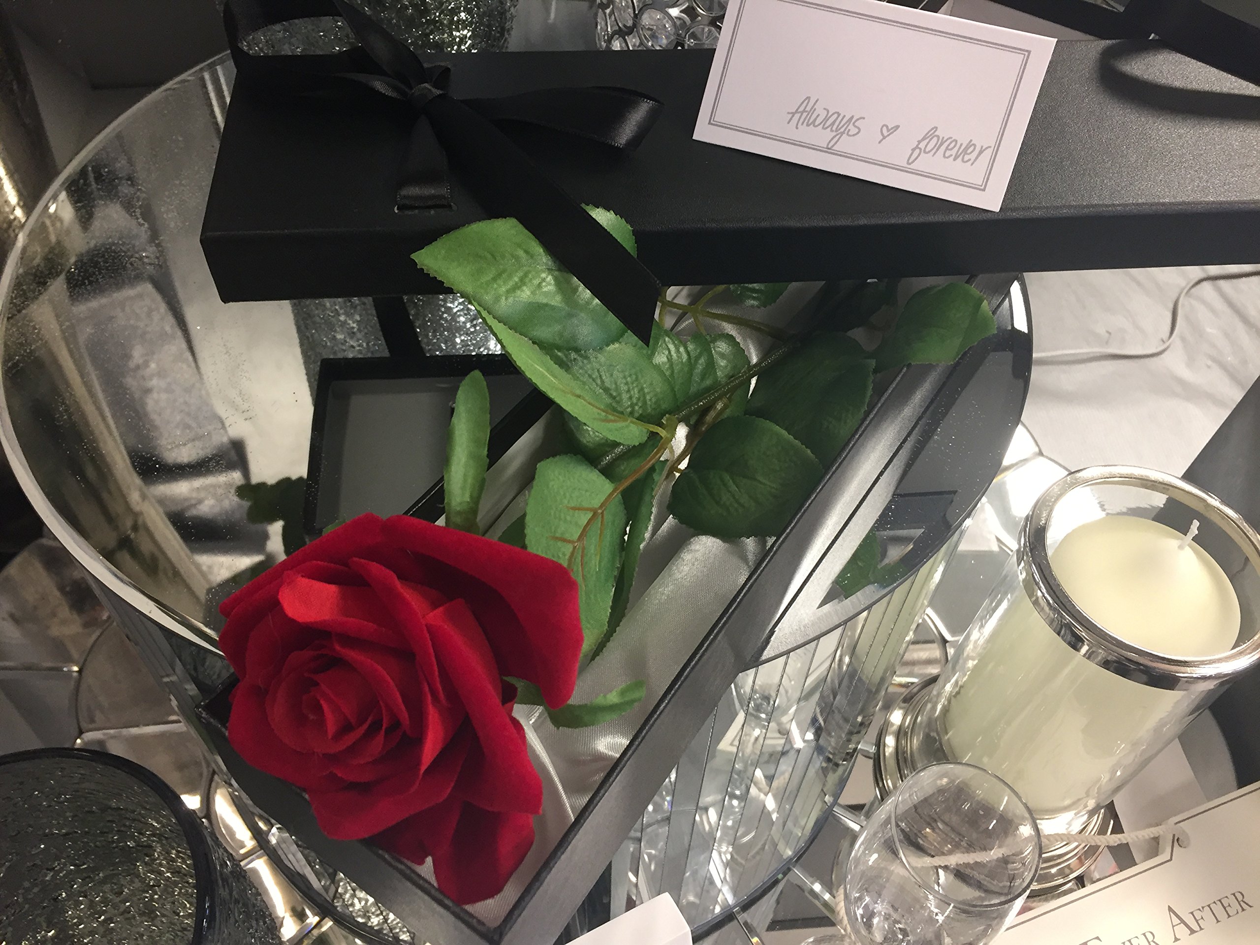 Neofleur Single Stem Romantic Red Rose in a Silk Lined Black Presentation Gift Box including Always & Forever Gift Card. (Sassi)