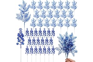Cindeer 80 Pcs Dark Blue Christmas Glitter Berries Stems Pine Needles Christmas Artificial Picks Fake Floral Twig Spray for Xmas Tree Ornaments DIY Wreath Garland Decorations