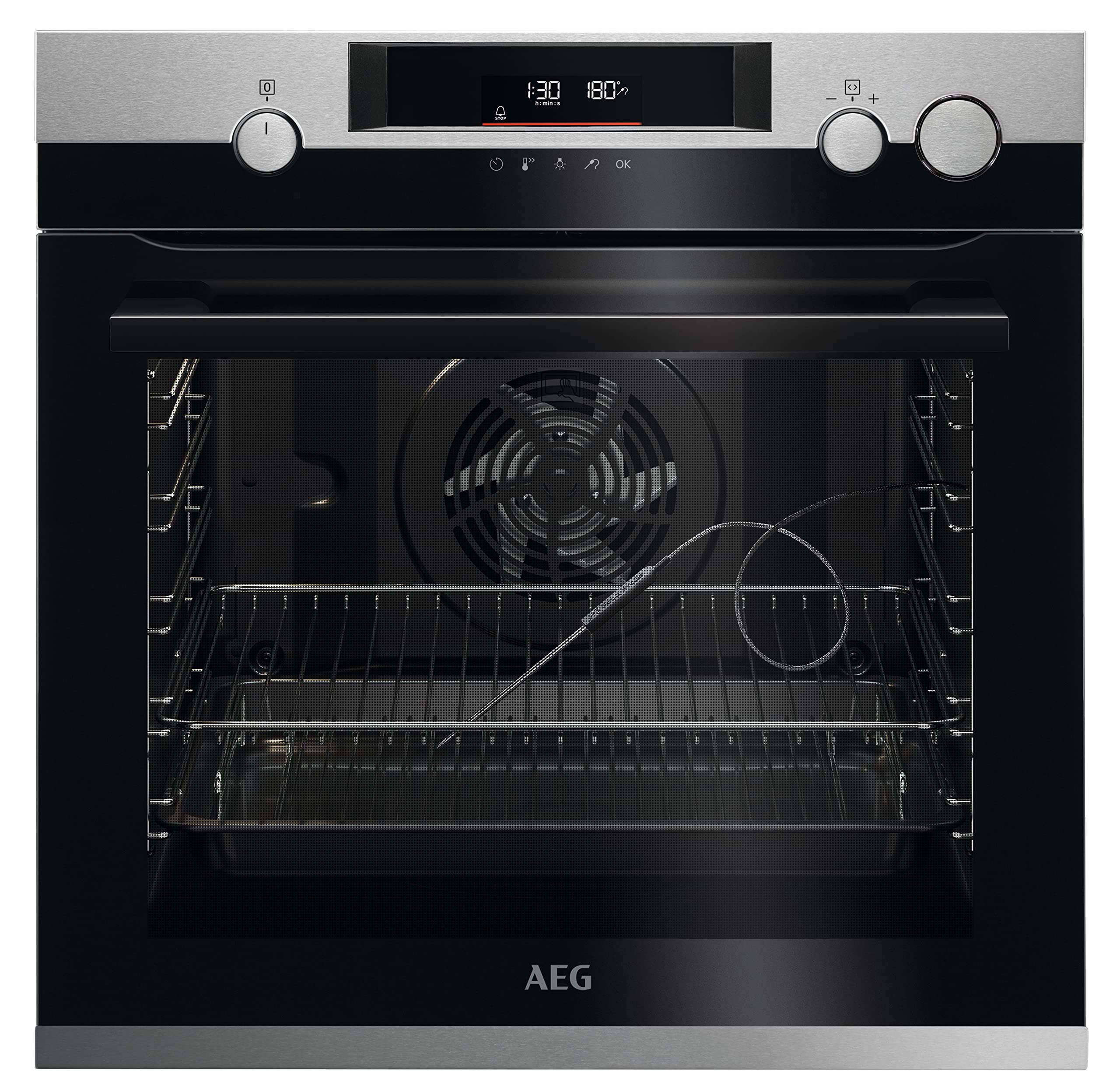 AEG Einbau-Backofen, Pyrolyse Selbstreinigung, Serie 7000 mit Dampfunterstützung: außen knusprig & innen saftig, Kerntemperatursensor, 45 Automatikprogramme, LED-Touchdisplay, Schwarz, BSS57606BM