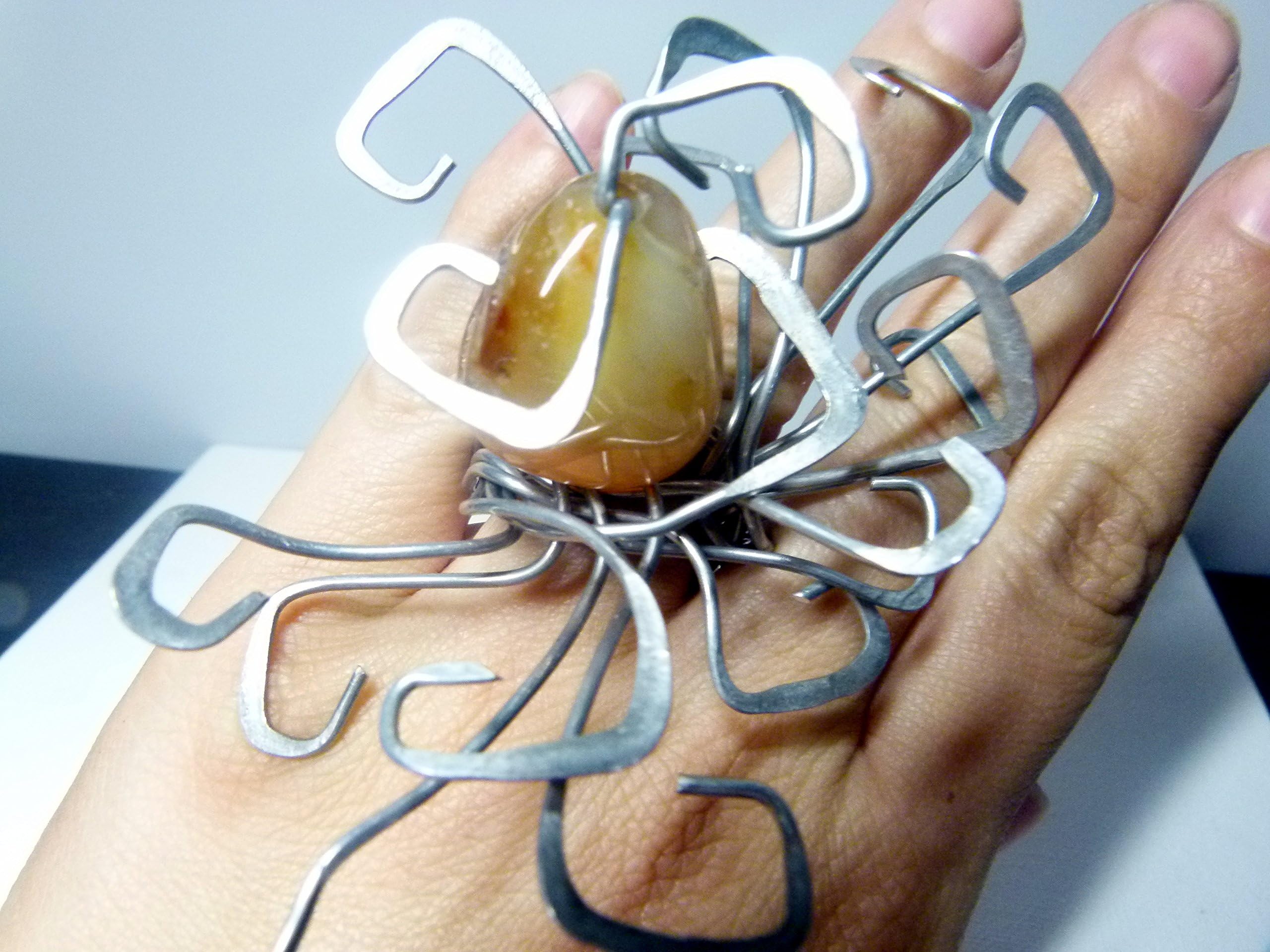 crazy orange agate ring size 8 , can be slightly adjusted to size 7 or 9 , spiky wire wrapped statement
