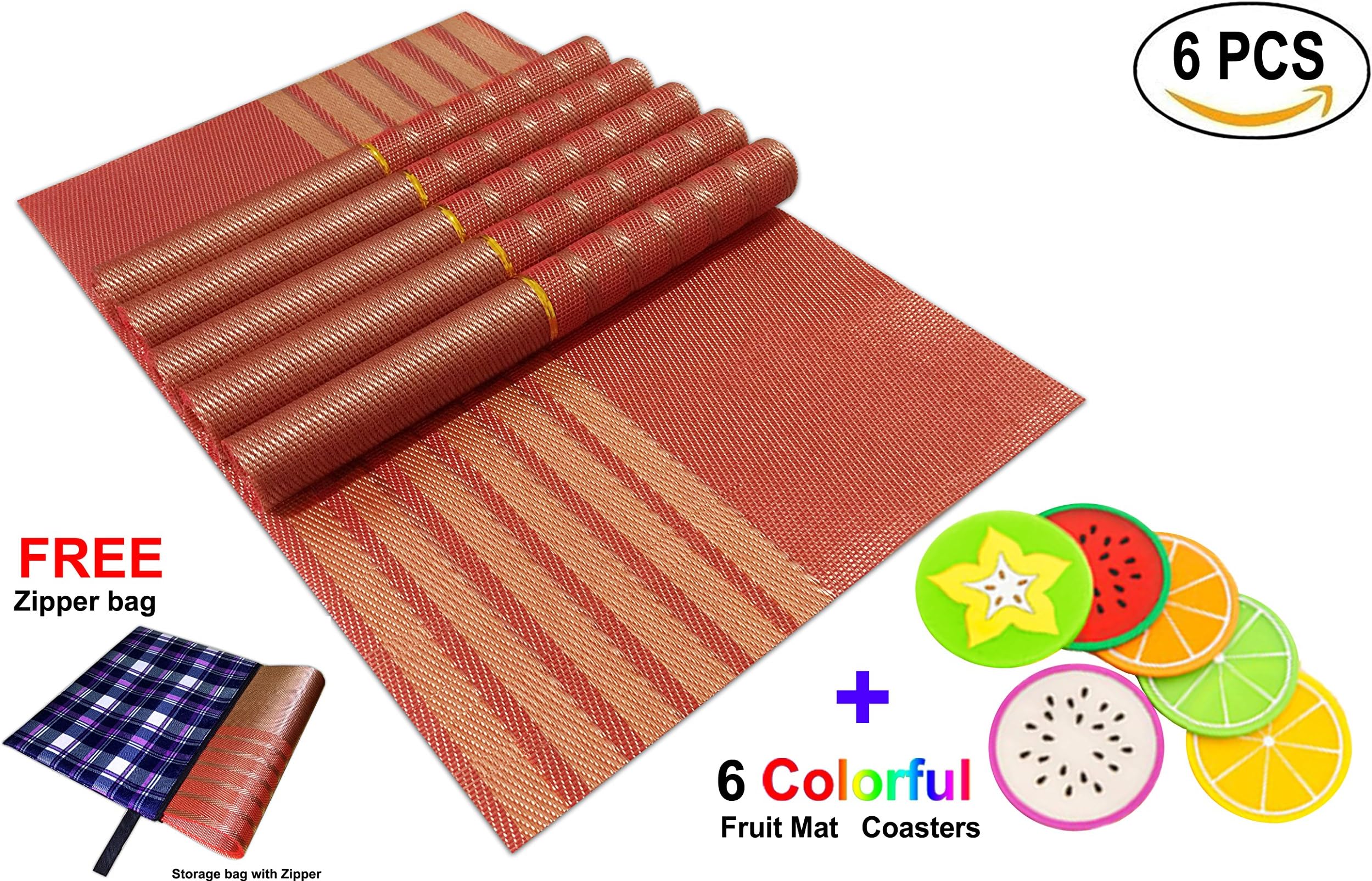 [Set of 6] Kitchen Placemats, QUANFUN Place Mats for Dinner Table Washable Placemat PVC Heat-resistant Non-slip Kit Crossweave Woven Vinyl Non-slip Insulation for Dining Room Indoor&Outdoor - Red/Gold