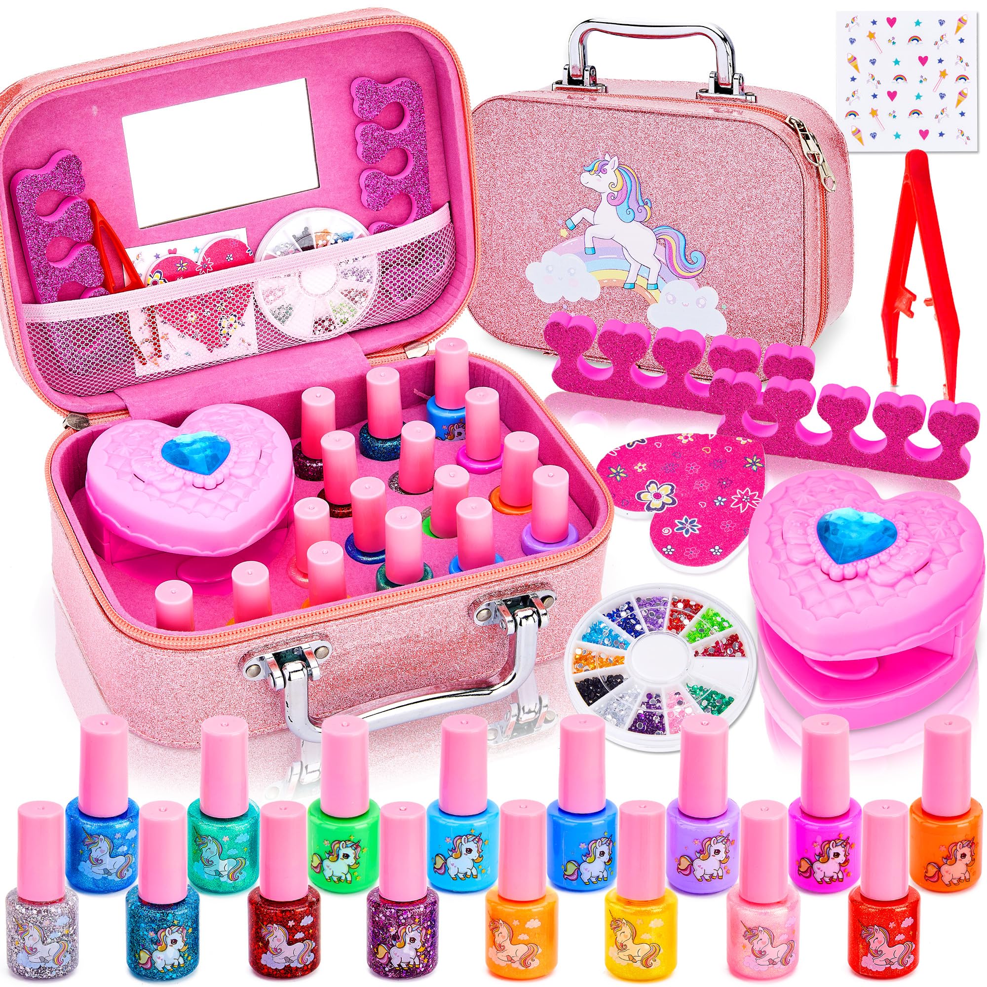 Lubibi Kids Nail Varnish Set For Girls, 16 Colour Non-Toxic Peel-Off Water-Based Safe Quick Dry Nail Polish With Nail Dryer,Nail Files, Nail Stickers, Gem, Unicorn Vanity Case, Unicorn Gifts for Girls