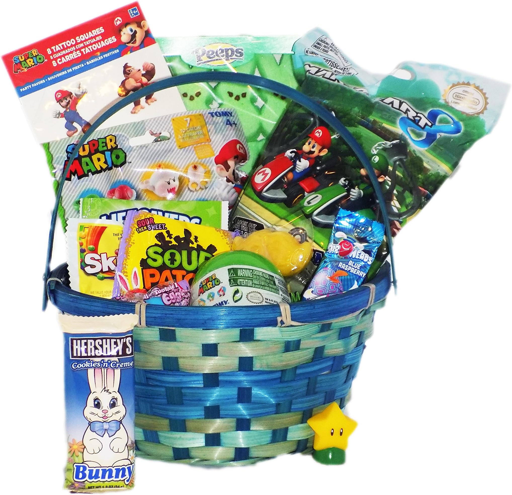 Mario Video Game Themed Easter Candy Toy Gift Basket with Marshmallow Peeps