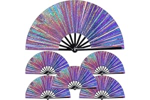Purpeak 6 Pcs Large Folding Fans for Line Dancing 13" Big Holographic Rave Handheld Fans Popping Clapping Fans Boots on the Ground Fan for Women(Purple)