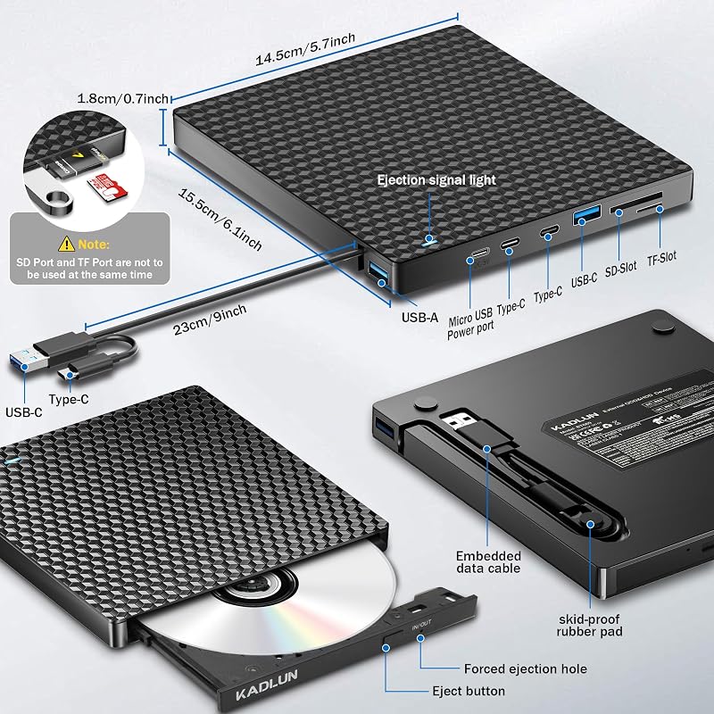 Externes DVD CD Laufwerk Extern, USB 3.0 USB C Externes CD Laufwerk für Laptop Desktop PC Macbook iMac, DVD +/-RW Brenner Optical Drive Externes DVD Laufwerk für Windows 11/10/8/7/XP/Linux/Vista/MacOS