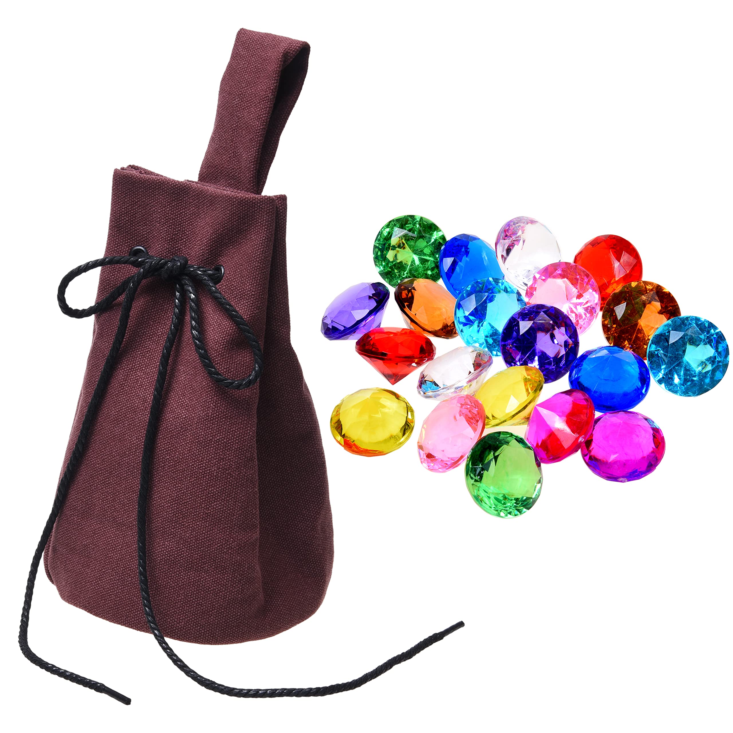 ECO-FUSED Drawstring Belt Pouch with 20x Plastic Gems - Renaissance Purse Coin Bag Pirate Gemstones - Accessories Jewelry Pouch, LARP Waist Bag Cosplay Costume - Decorative Party Display Stones Brown