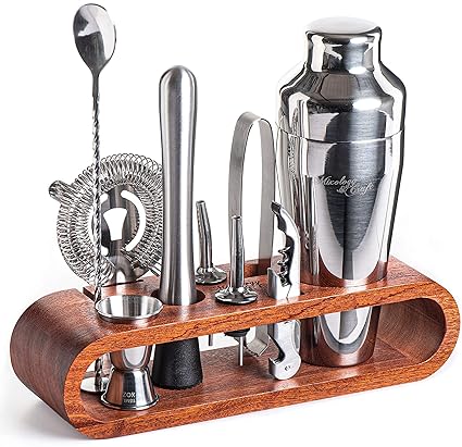 Mixology Bartender Kit: 10-Piece Bar Tool Set with Stylish Mahogany Stand - Perfect Home Bartending Kit and Martini Cocktail Shaker Set For an Awesome Drink Mixing Experience - Exclusive Recipes Bonus