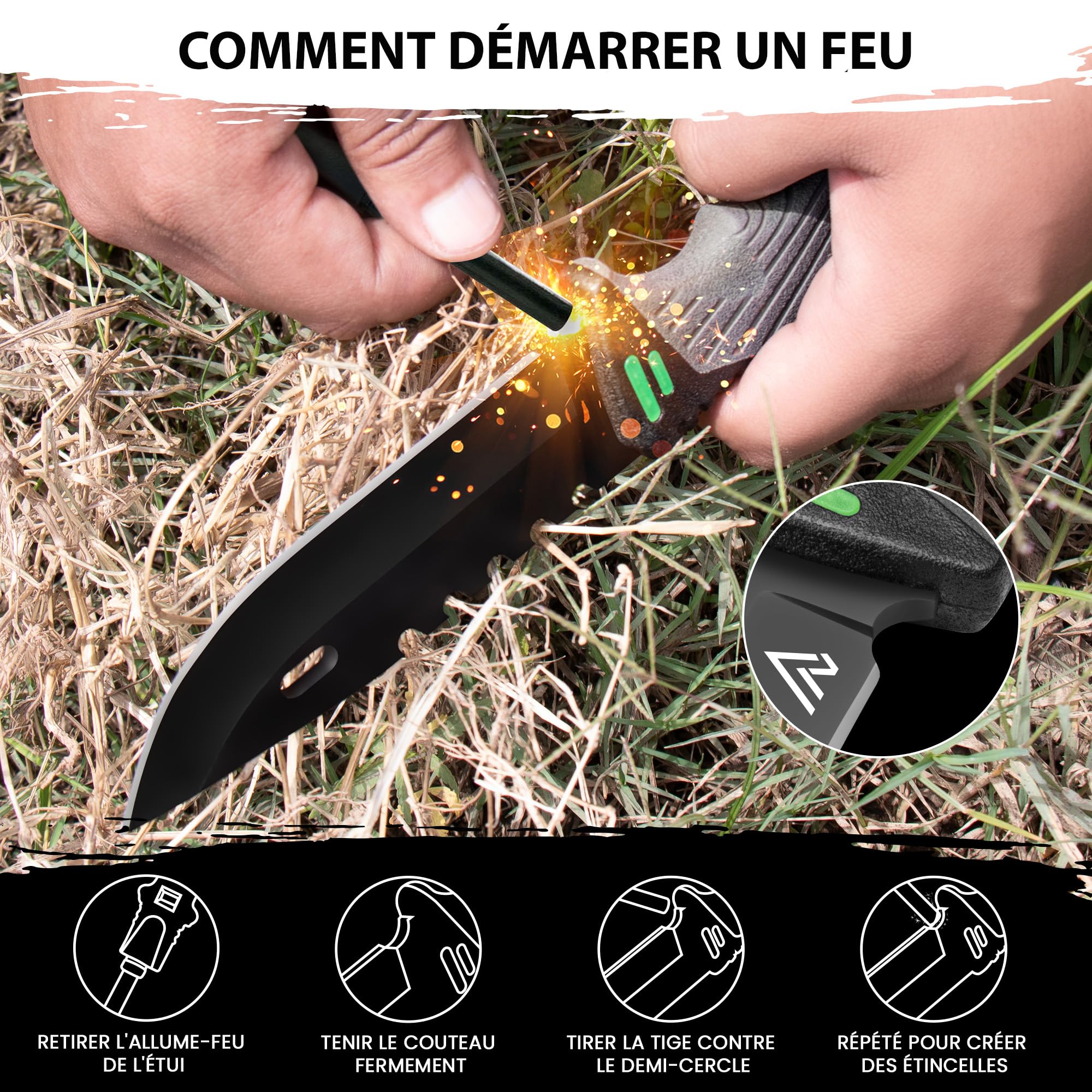 naifu® - The Hunter X Outdoor Messer Jagdmesser 12 CM - mit Kydex Holster - Bushcraft Messer - Perfektes - Feuerstarter und Schleifstein enthalten 7