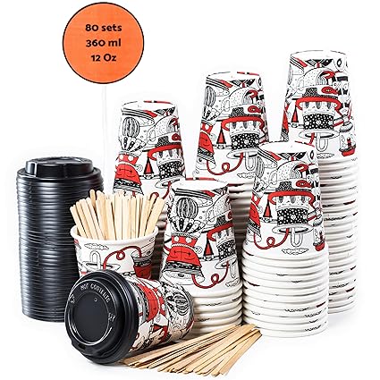 CupCup 80 Pappbecher 360ml 12 Oz mit Deckel und Holz Rührstäbchen 'SO Design' - Kaffeebecher to Go Zum Servieren von Kaffee, 