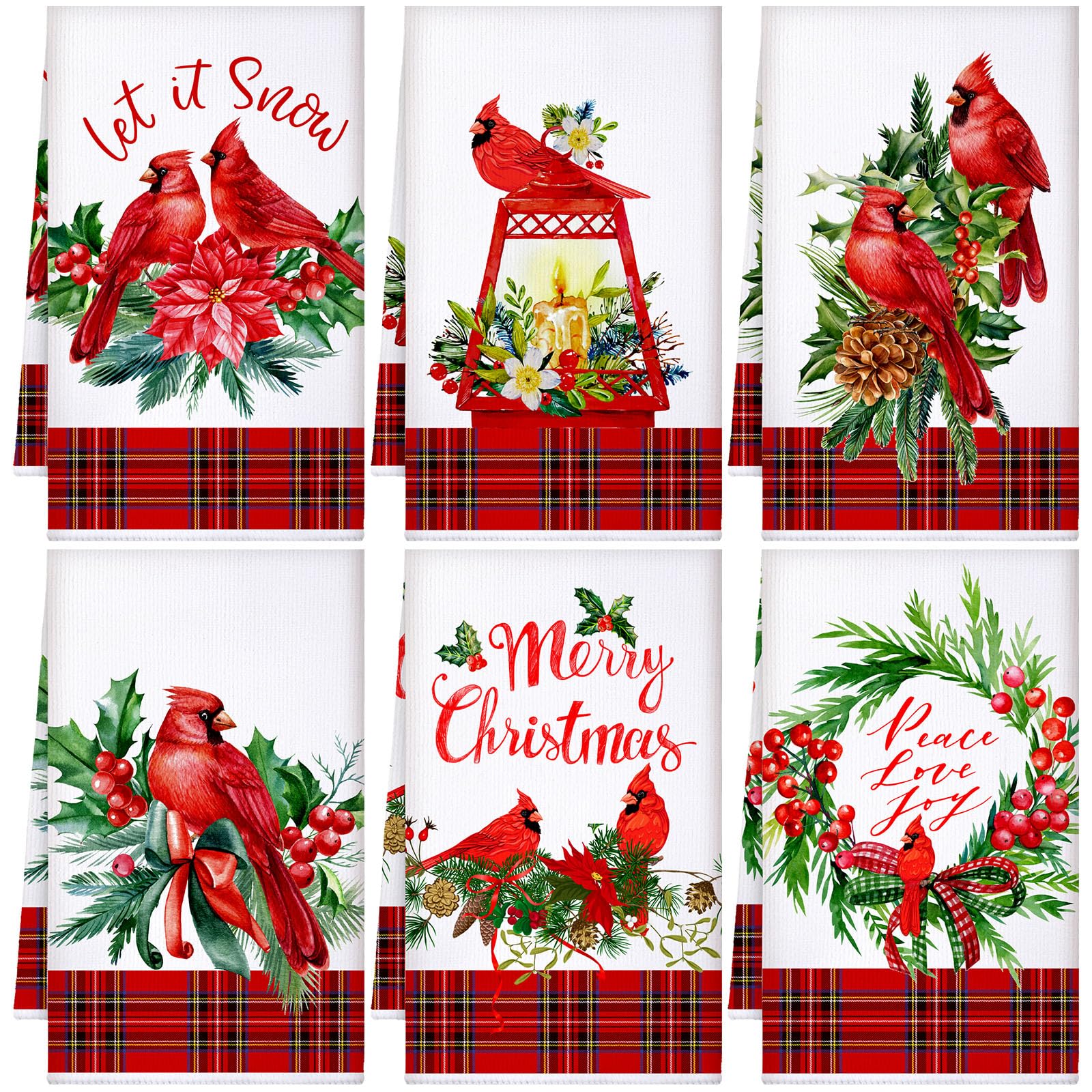 Photo 1 of 6 Pcs Christmas Kitchen Towels Cardinal Bird Christmas Hand Towels Xmas Bird pine cones Holly Branch Dish Towels Red Bird Christmas Tea Towels for Kitchen Bathroom Hotel Home Decor,16 x 24 Inches