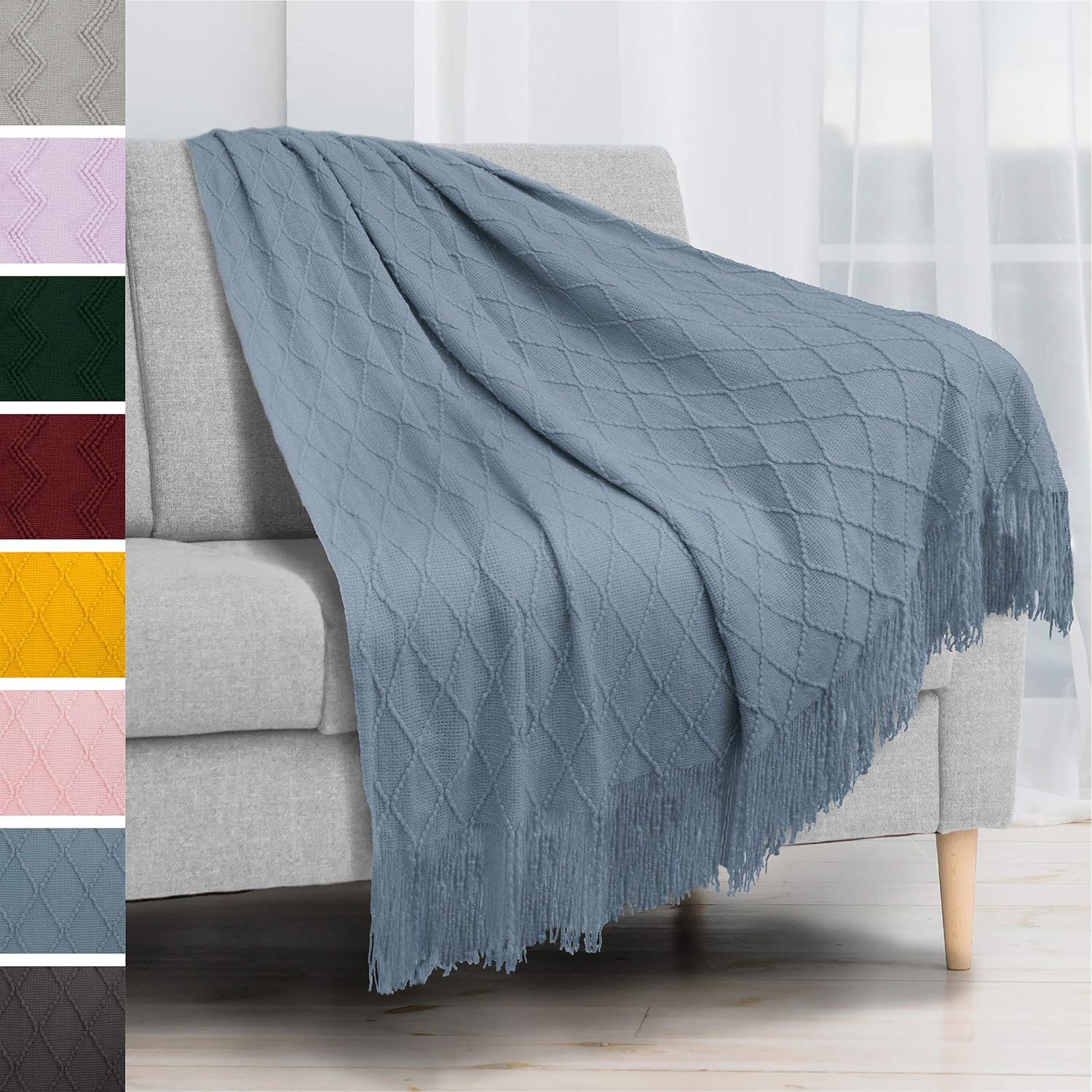PAVILIA Knitted Throw Blanket with Fringe Decorative