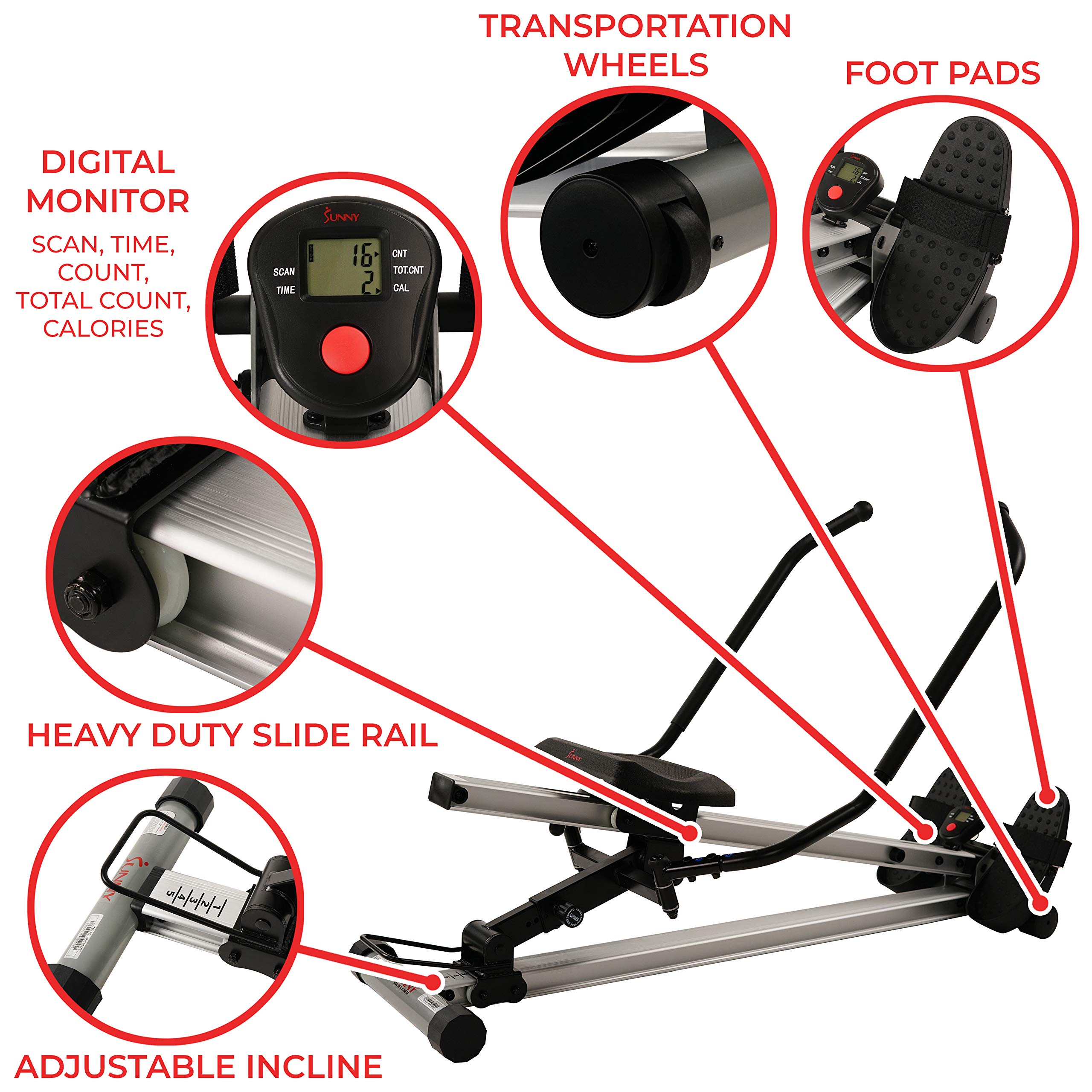Sunny Health & Fitness Incline Full Motion Rowing Machine Rower with