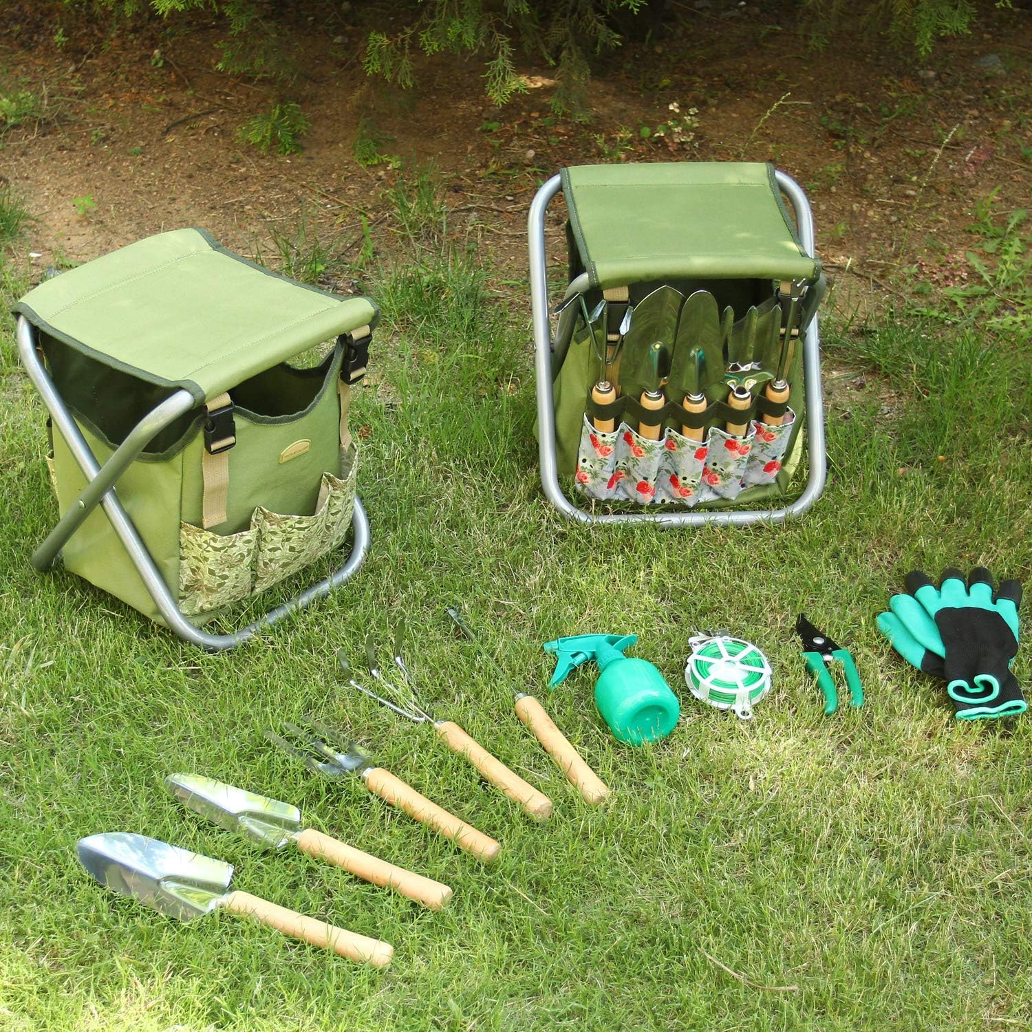 Good GAIN Garden Tools Stool, 12 pcs Gardening Hand Tools Set with Folding Chair Seat and Garden Storage Tote Bag, Garden Tools Carrier, Digging, Gardening Gifts Set for Mom/Dad and Gardeners. Rose: Garden & Outdoor