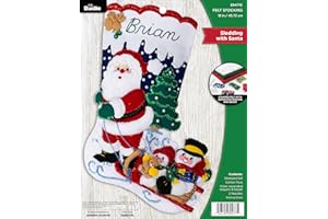 Bucilla Felt Applique 18" Stocking Making Kit, Sledding with Santa, Perfect for DIY Arts and Crafts, 89477E