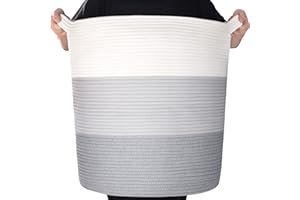 MINTWOOD Design 83L Extra Large 20x18 Inch Decorative Woven Cotton Rope Basket, Tall Laundry Basket Hamper, Blanket Basket for Living Room, Round Storage Baskets for Pillows, Towels, 3-Tone Light Gray
