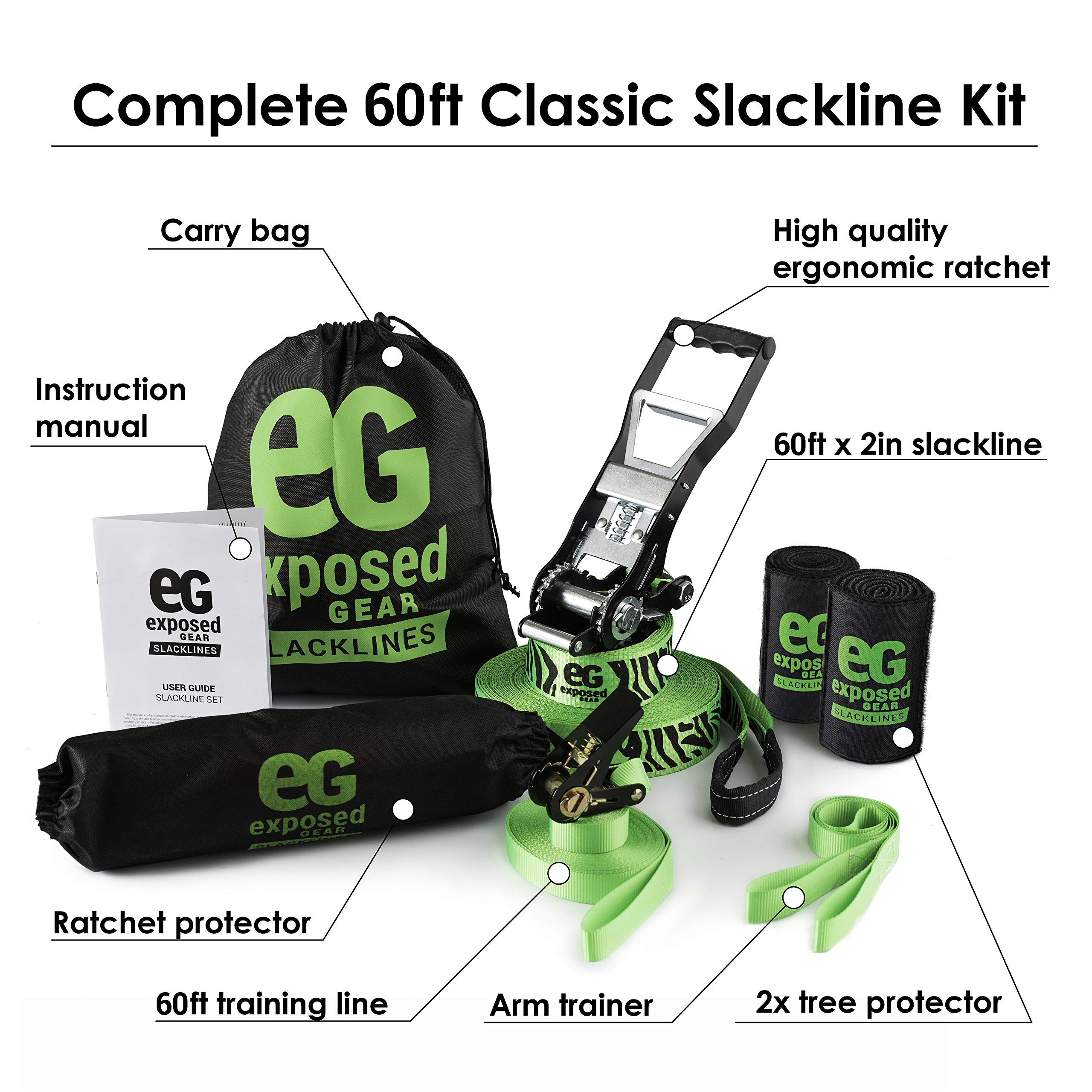 Slackline Kit 60ft with Training Line Tree Protectors High Grade