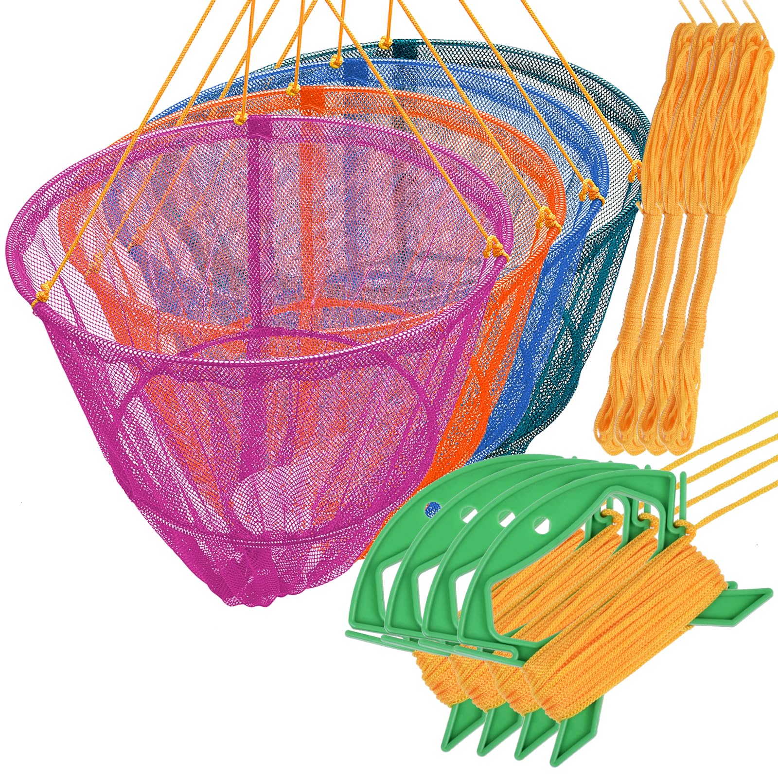 SF 4 Packs Portable Crab Drop Net with Net Bait Bag & Rope & Line Handle for Crabbing Catch Fish Prawn Crayfish Lobster (1 Pink+1 Blue+1 Orange+1 Green, W30cm x H25cm)