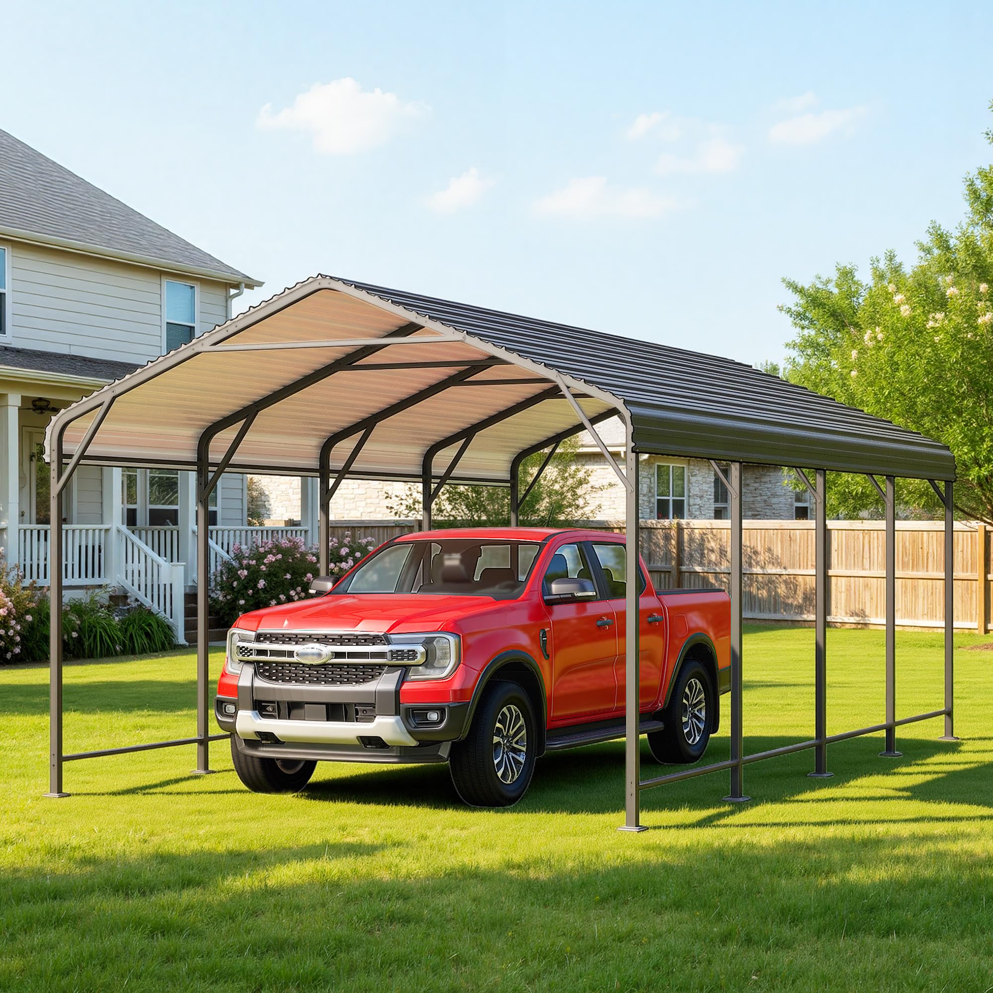Photo 1 of 12x20FT Metal Carport, Heavy Duty Carport Canopy with Reinforced Frame and Base for All-Weather, Outdoor Garage Car Port for Pickup Trucks, Boats, Tractors or Party