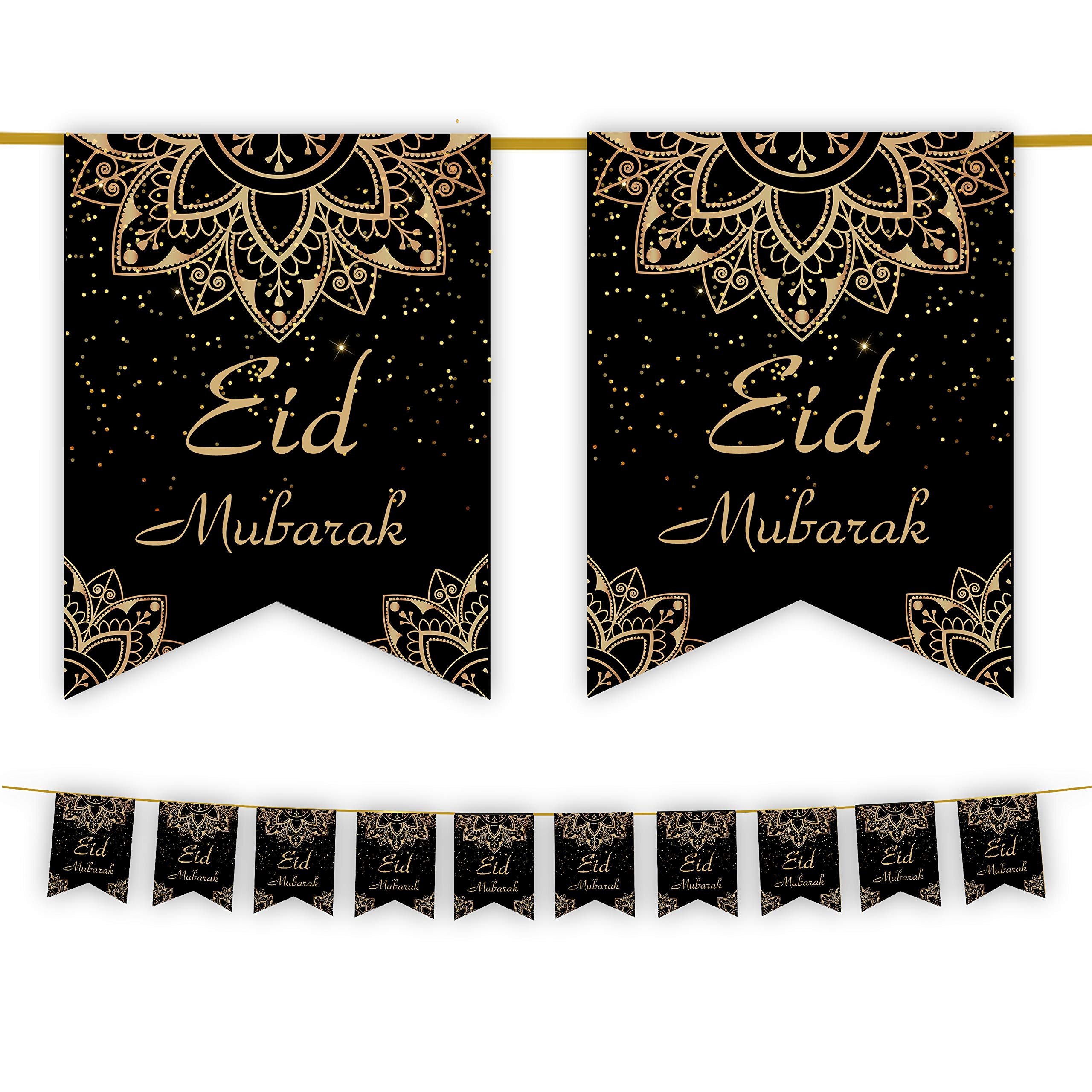 Al-Muallim Books Eid Mubarak Bunting Party Flags - 10 Flags - Eid Decorations (Black & Gold)