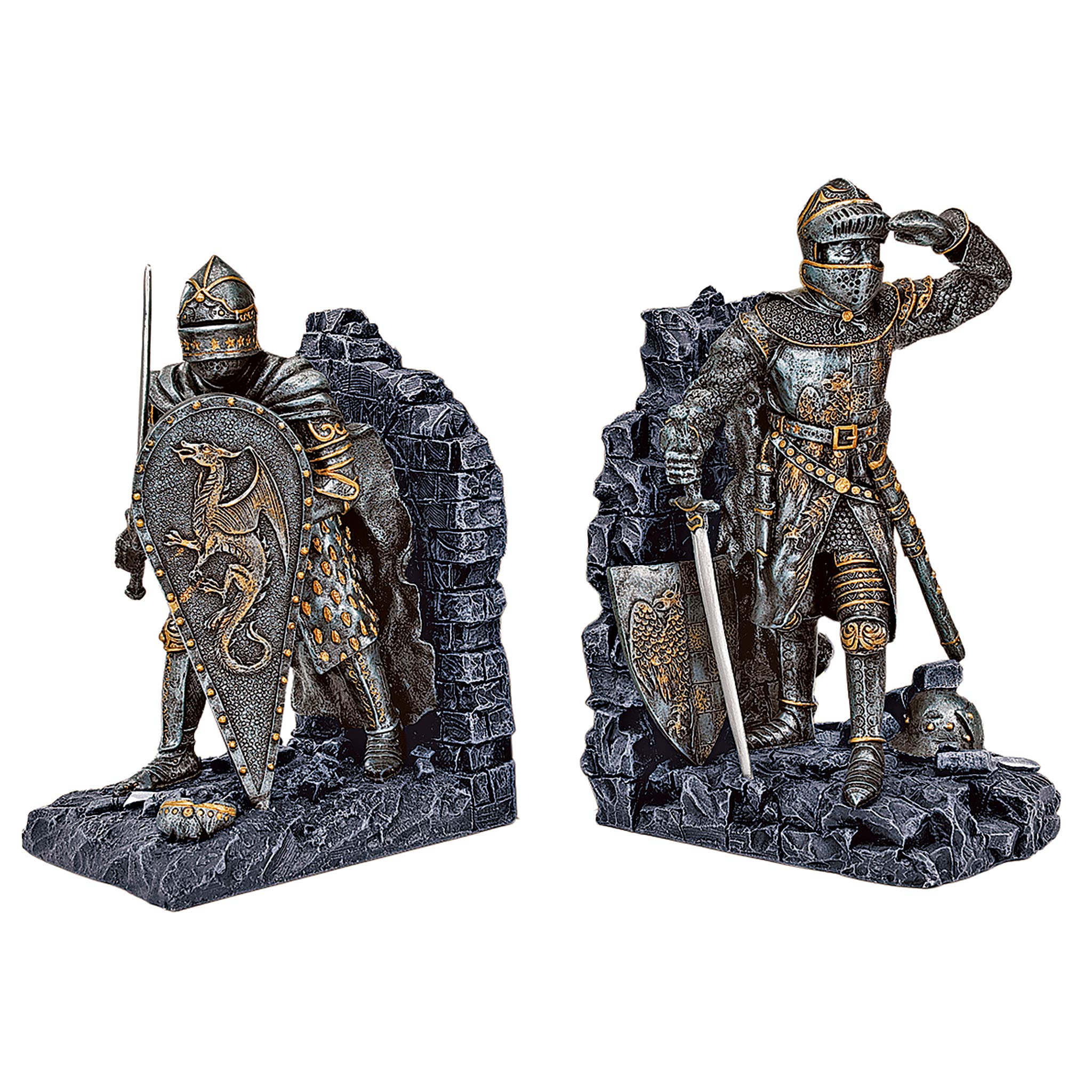 Design Toscano CL3434 Arthurian Knight Medieval Decor Bookend Statues, 20.25 cm, Set of Two, Polyresin, Grey Stone