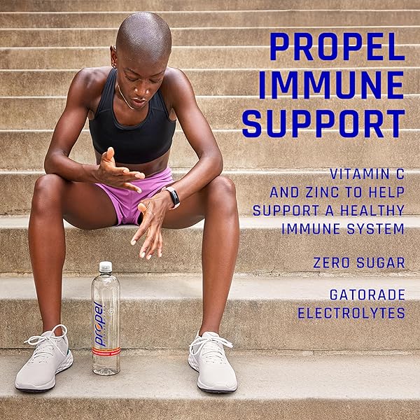 PROPEL IMMUNE SUPPORT ELECTROLYTE ENHANCED WATER SPORTS DRINK, PINEAPPLE PEACH FLAVORED WATER, 100% DV VITAMIN C + ZINC, ZERO CALORIE & ZERO SUGAR HYDRATION WITH ELECTROLYTES AND VITAMINS, 16.9 FL OZ WATER BOTTLES (12 PACK)