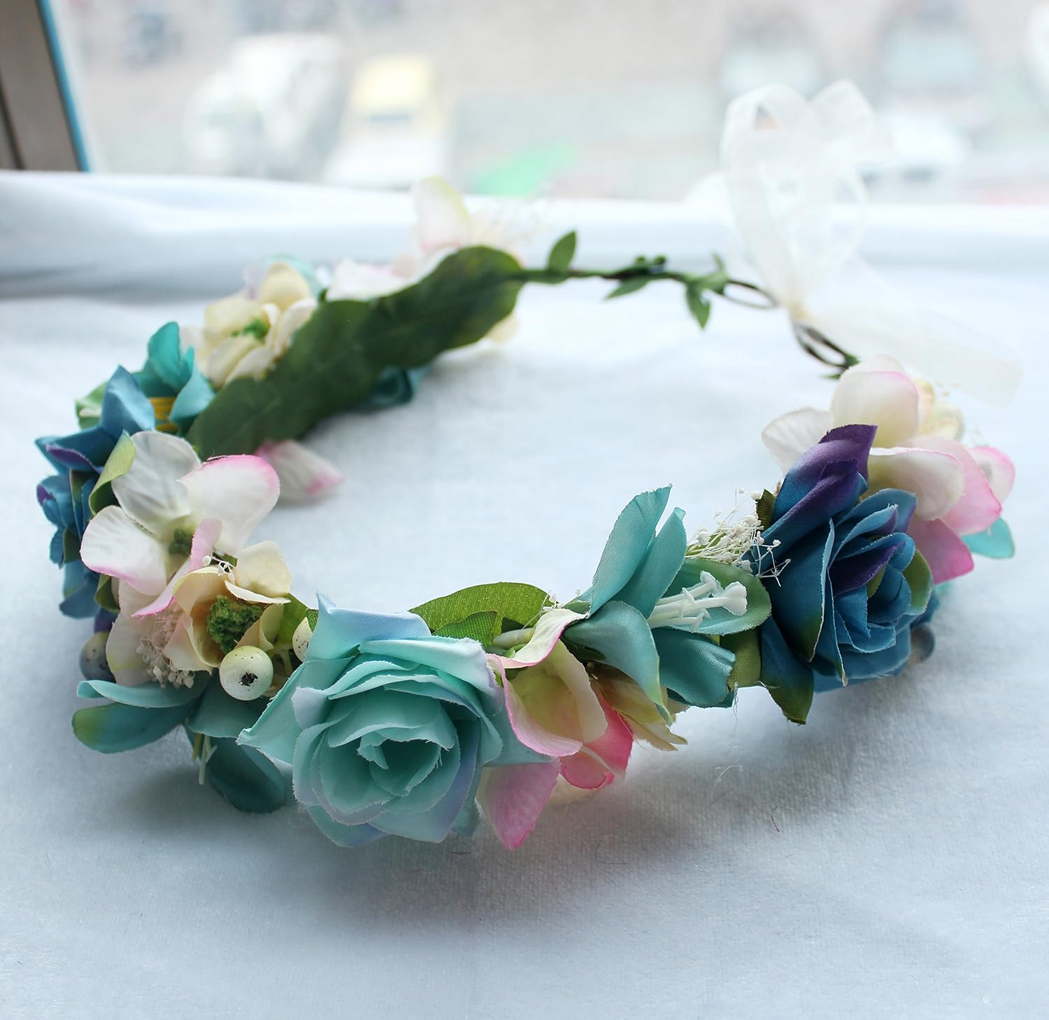 Floral Wreath Headband Bride Flower Crown Hair Wreath Hair Garland Flower Halo Floral Headpiece Boho with Ribbon Wedding Party Festival Purple, One Size - Image 4