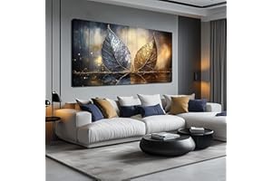 JuhaiArt Blue Leaf Canvas Picture Large Prints Bedroom Gold Leaf Wall Decorations Black Painting Wall Art for Living Room Home Office 29" x 59"