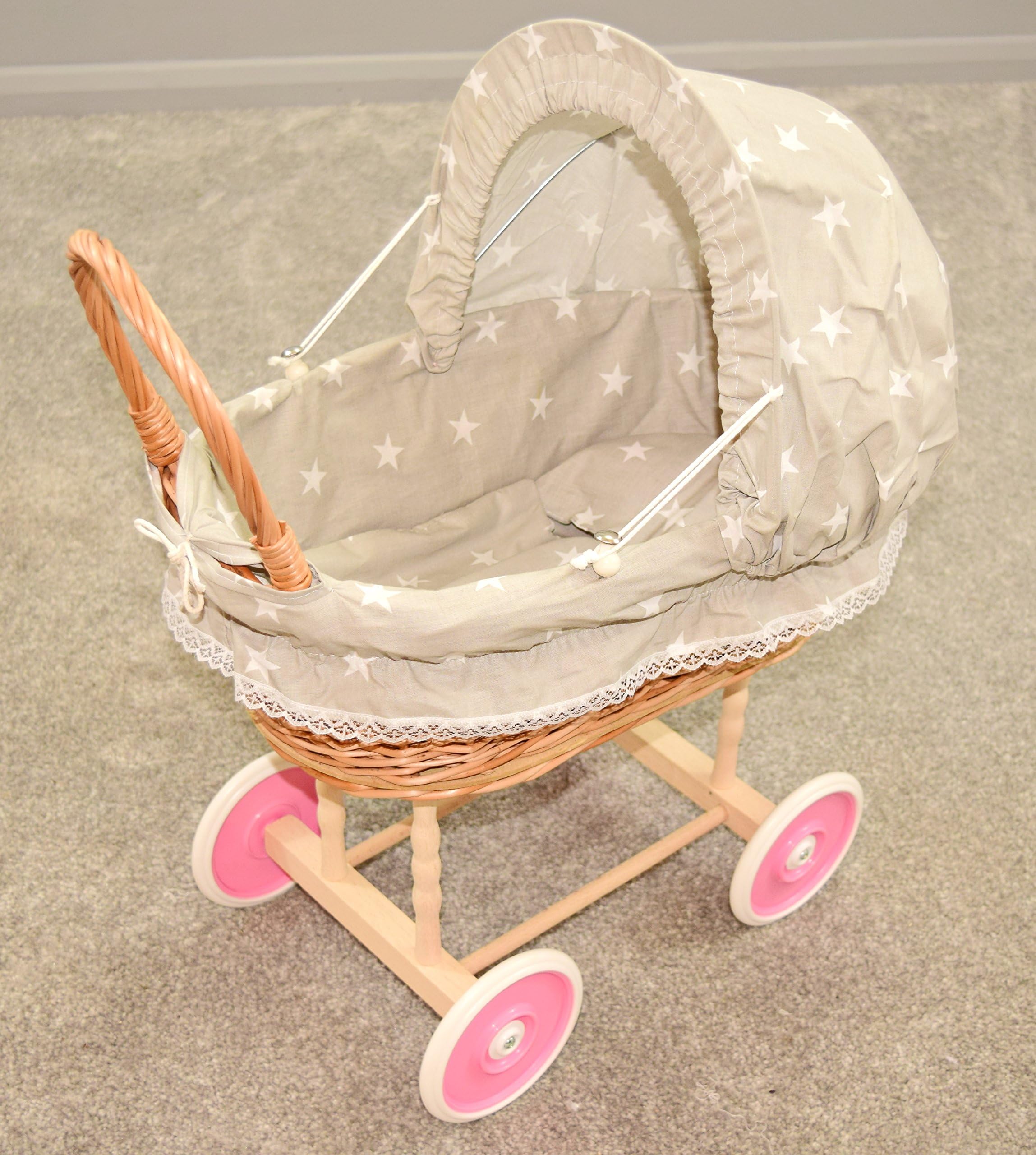 Doll Wicker Buggy/Pram / Dolls Buggy/Pram/ Stroller/toy (Grey Stars)
