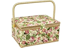 Sewing Basket with Rose Floral Print Design- Sewing Kit Storage Box with Removable Tray, Built-In Pin Cushion and Interior Pocket - Large - 12" x 9" x 6" - by Adolfo Design